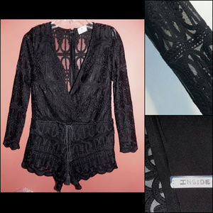Black lace romper 8 Semi-sheer Deep V-neck Lined front Body suit Long sleeve